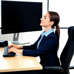 Office Stretch Break**

"A professional woman in modest office attire performing a seated neck stretch at her desk. Modern office background with computer monitors and ergonomic chair. Fully clothed, safe for work, appropriate content, perfect anatomy, natural pose, high quality."

**