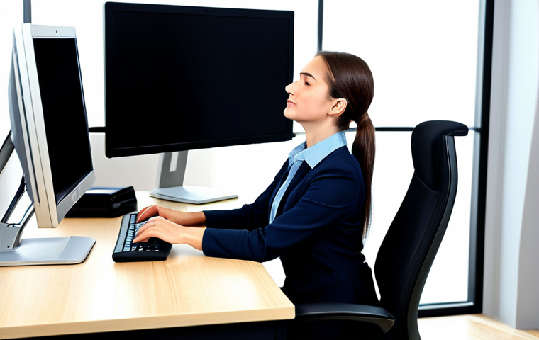 Office Stretch Break**

"A professional woman in modest office attire performing a seated neck stretch at her desk. Modern office background with computer monitors and ergonomic chair. Fully clothed, safe for work, appropriate content, perfect anatomy, natural pose, high quality."

**