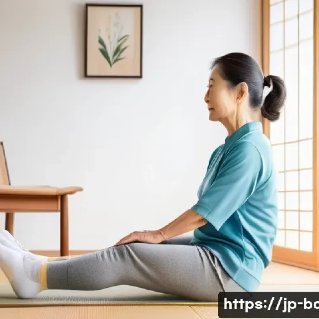 무릎 관절 운동 효과 후기 - A middle-aged Japanese woman gently performing seated knee extension exercises on a wooden chair in ...