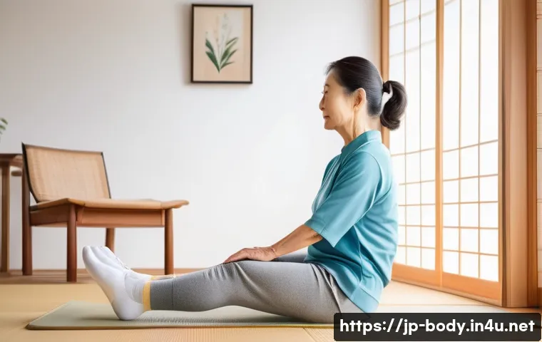 무릎 관절 운동 효과 후기 - A middle-aged Japanese woman gently performing seated knee extension exercises on a wooden chair in ...