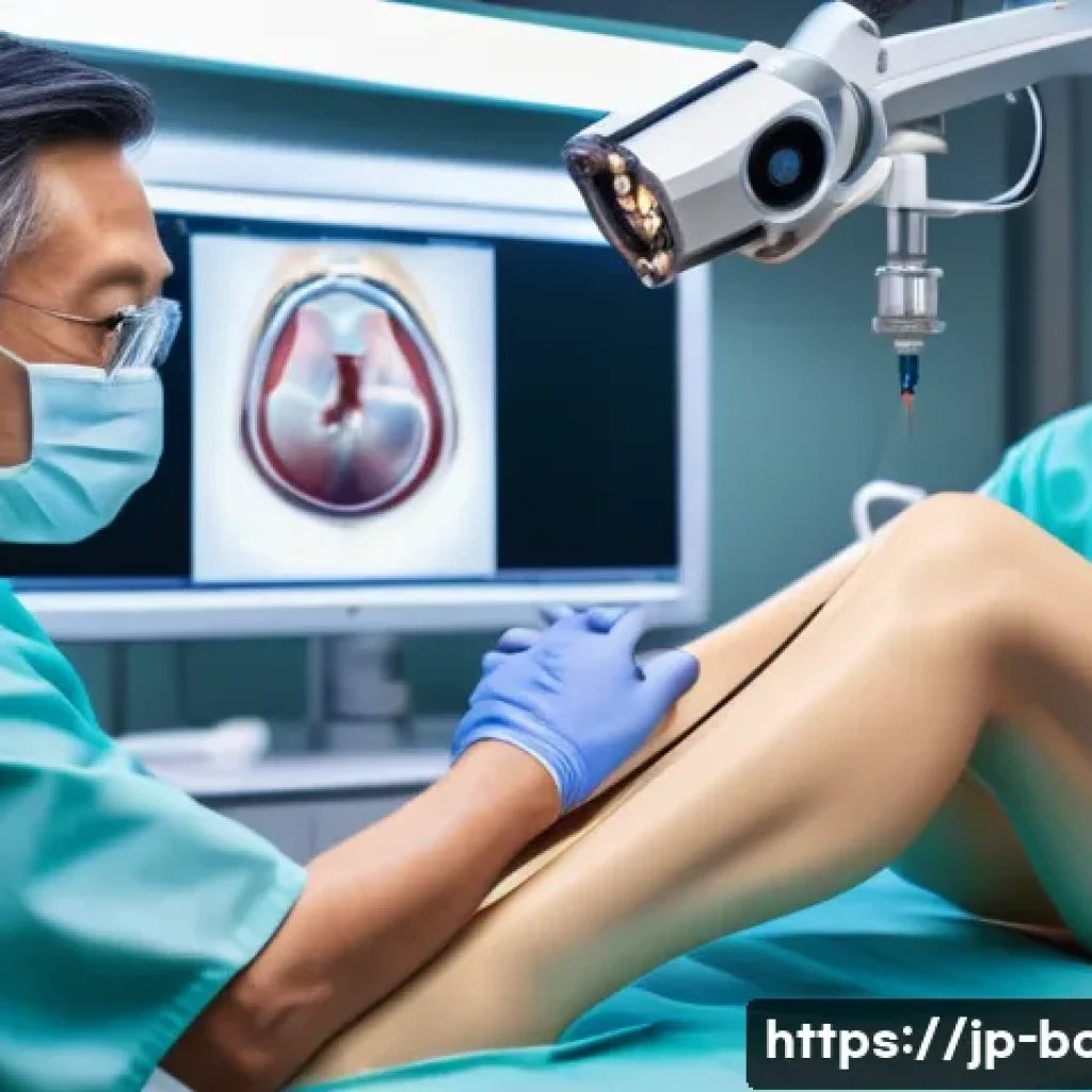 무릎 연골 이식 비용 - A detailed medical illustration of a knee cartilage transplant procedure in a modern Japanese hospit...