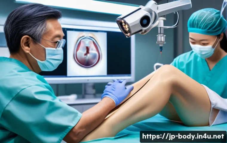 무릎 연골 이식 비용 - A detailed medical illustration of a knee cartilage transplant procedure in a modern Japanese hospit...