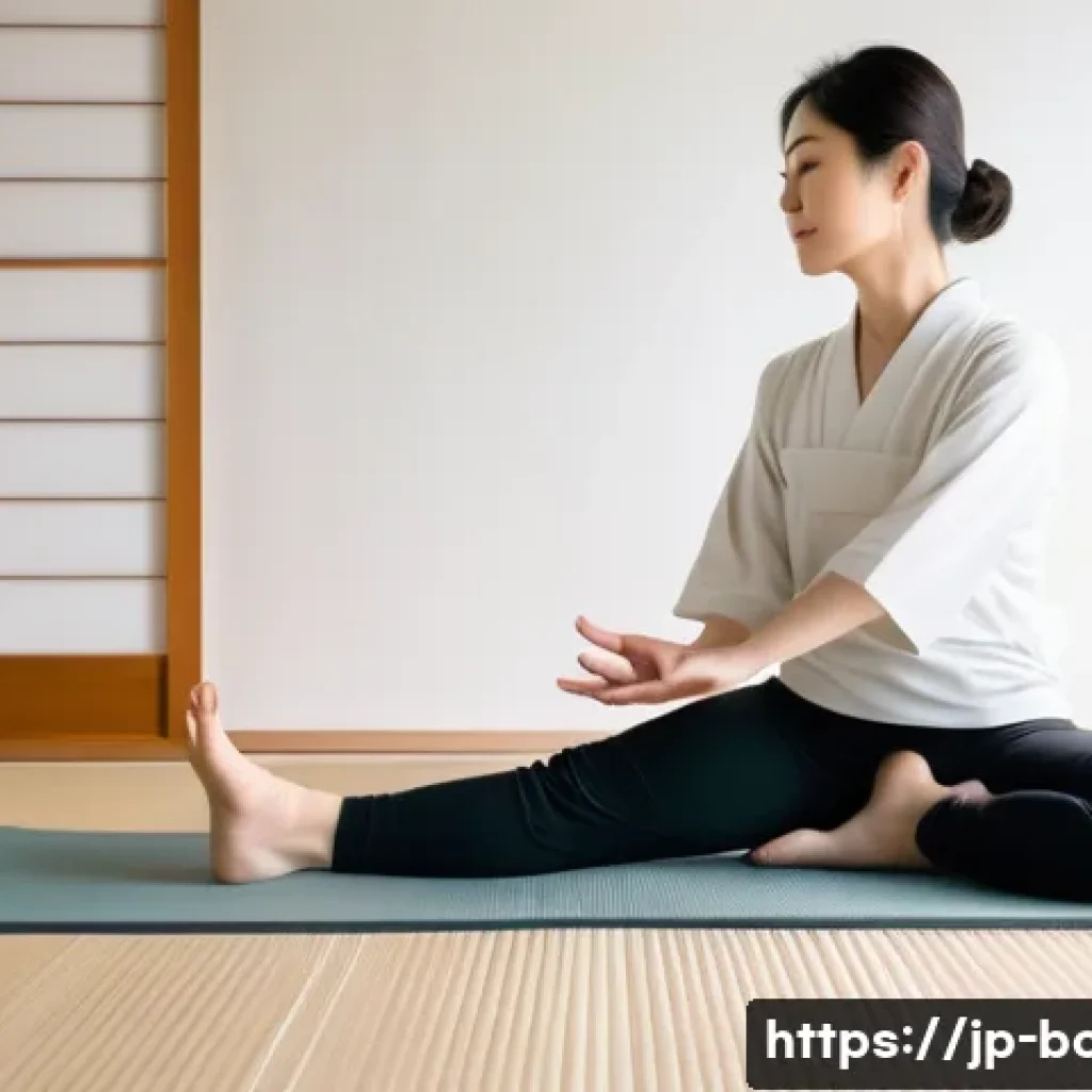 발목 통증 물리치료 사례 - A detailed scene of a Japanese woman in her 30s performing gentle ankle stretching exercises at home...