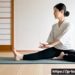 발목 통증 물리치료 사례 - A detailed scene of a Japanese woman in her 30s performing gentle ankle stretching exercises at home...