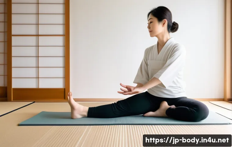 발목 통증 물리치료 사례 - A detailed scene of a Japanese woman in her 30s performing gentle ankle stretching exercises at home...