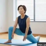 무릎 수술 후 재활 운동 - A serene indoor rehabilitation scene showing a middle-aged Japanese woman gently performing knee exe...