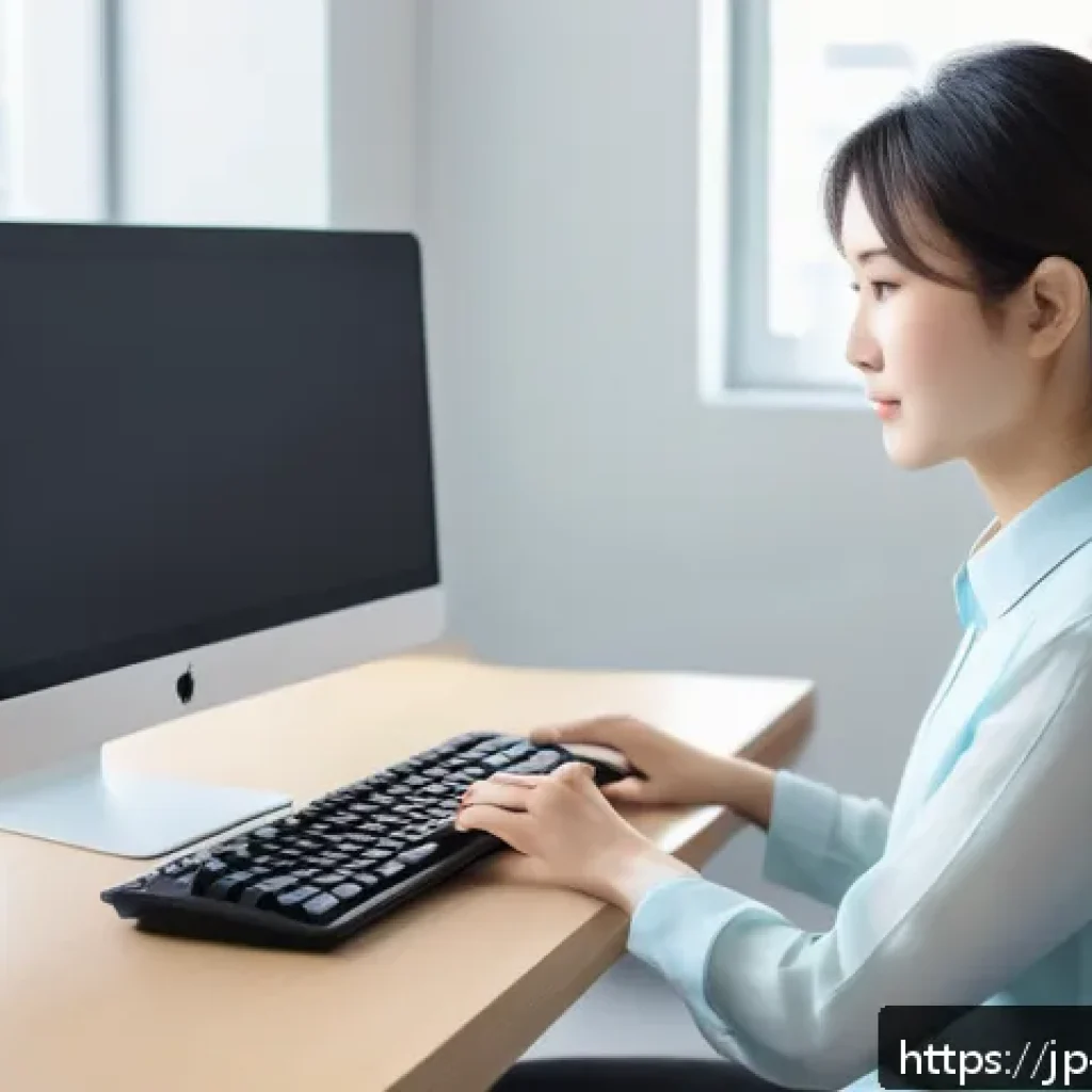 손목 통증을 줄이는 생활 습관 - A young Japanese office worker sitting at a clean, modern desk in a bright room with natural sunligh...