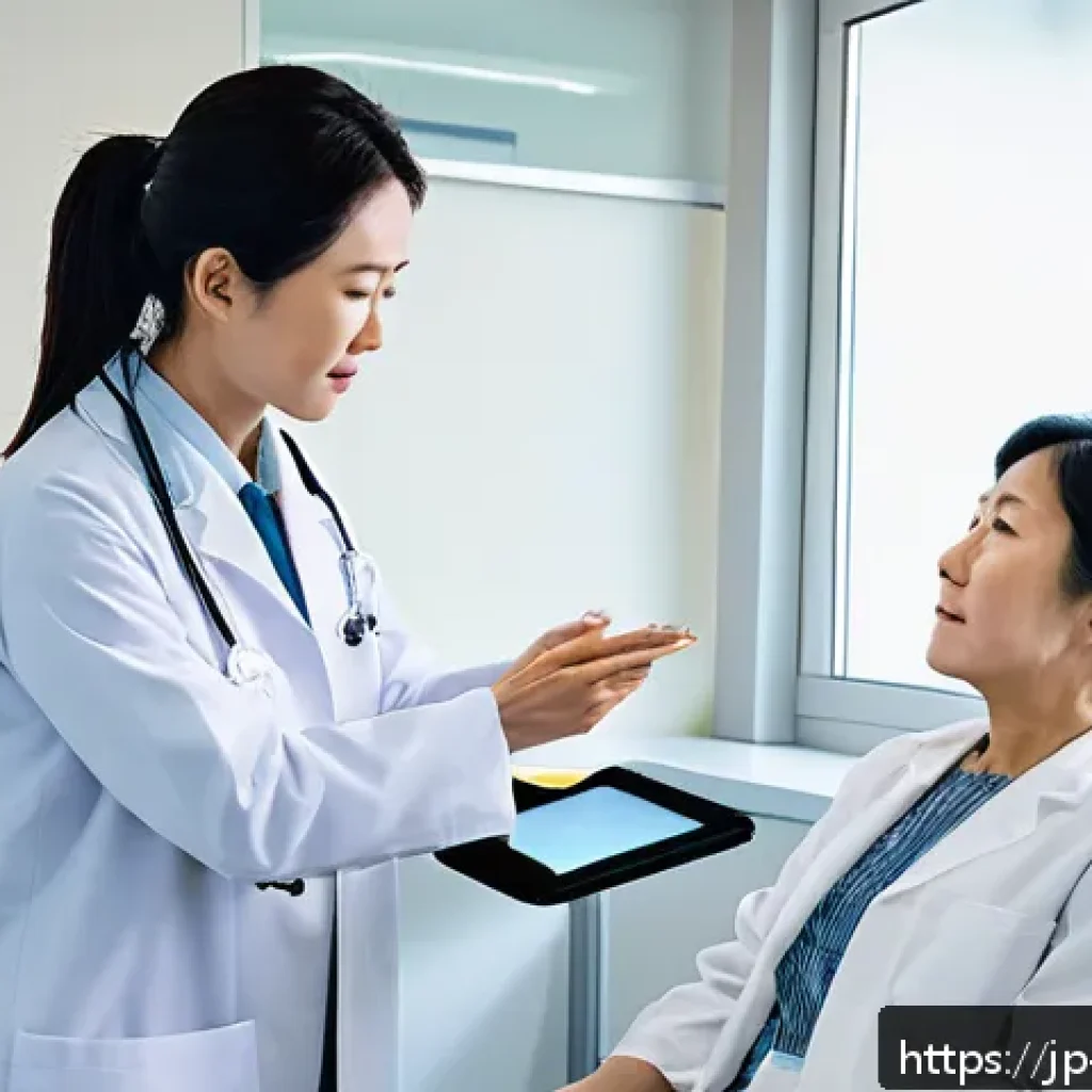 손목터널증후군 보험 적용 사례 - A detailed medical scene inside a modern Japanese hospital examination room, showing a middle-aged J...