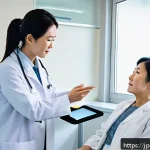 손목터널증후군 보험 적용 사례 - A detailed medical scene inside a modern Japanese hospital examination room, showing a middle-aged J...