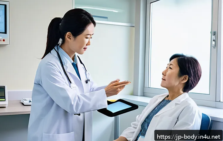 손목터널증후군 보험 적용 사례 - A detailed medical scene inside a modern Japanese hospital examination room, showing a middle-aged J...
