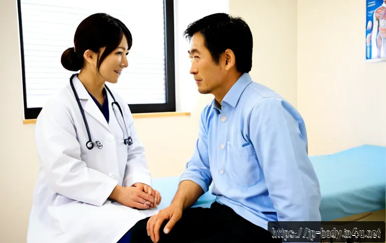 허리 통증 진단과 치료 - Photorealistic Japanese medical clinic scene, a middle-aged Japanese patient in fully modest everyda...